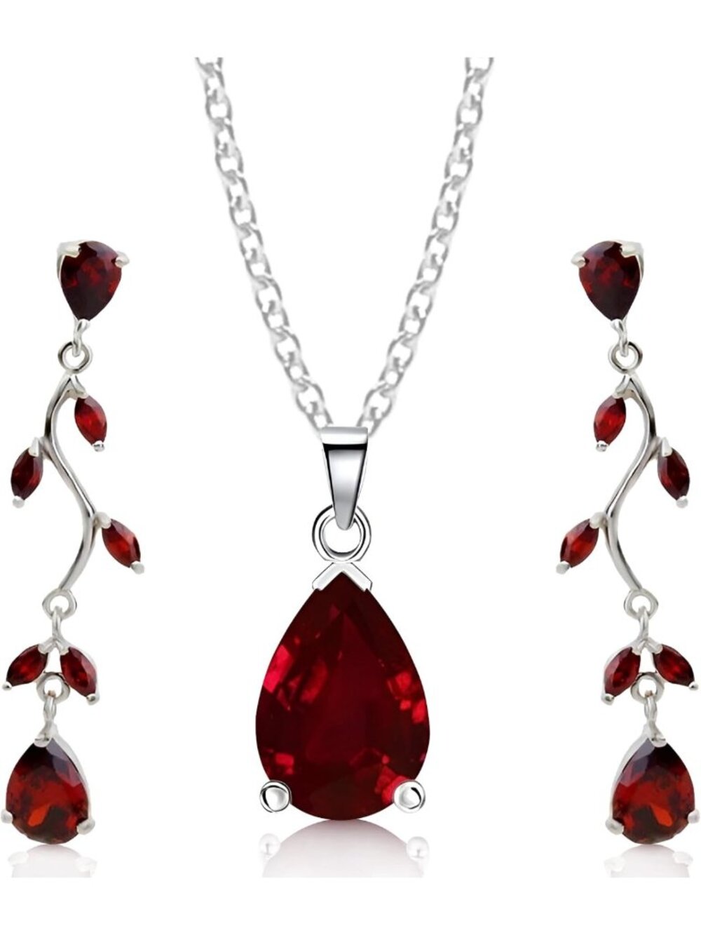 Elegant Teardrop Necklace & Earrings Set, Zirconia Crystals, White Gold Plated